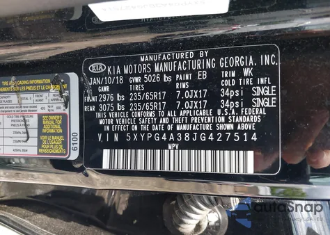 2018 Kia Sorento 2.4L L from USA, damaged, VIN 5XYPG4A38JG427514